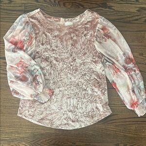 Anthropologie Pink and White Ruched Bishop Sleeve Blouse - small